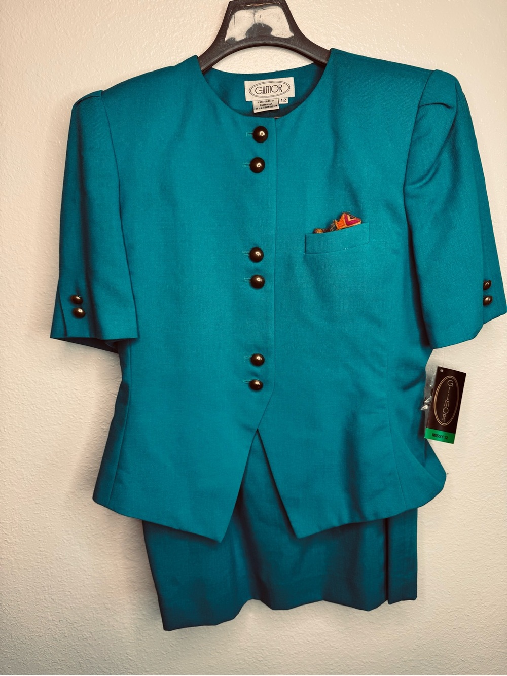 NWT Vintage 80s 90s Teal 2 pc Skirt Blazer Jacket Suit Set size 12